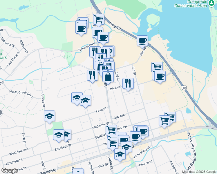 map of restaurants, bars, coffee shops, grocery stores, and more near 63 First Street in Orangeville
