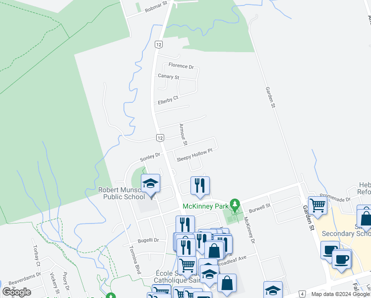map of restaurants, bars, coffee shops, grocery stores, and more near 21 Sleepy Hollow Place in Whitby