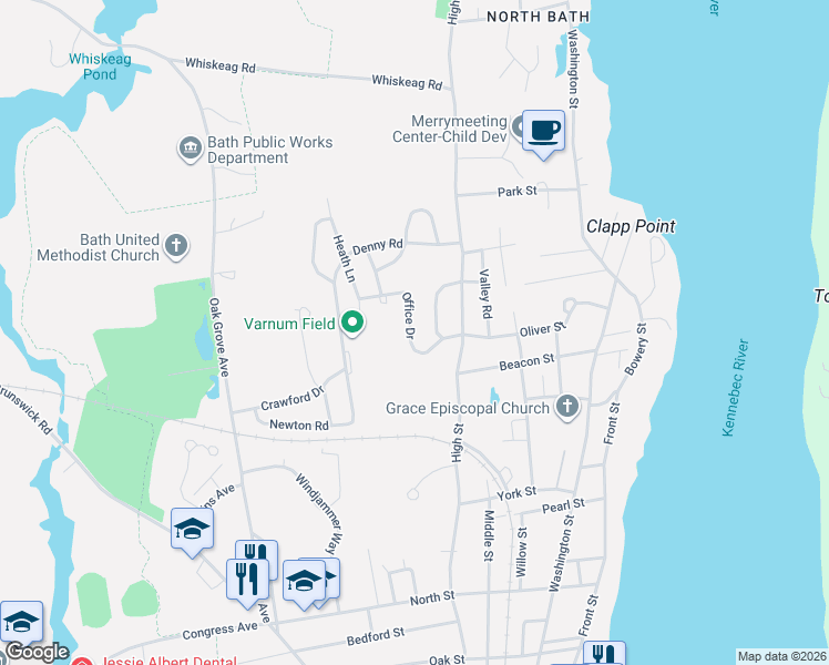 map of restaurants, bars, coffee shops, grocery stores, and more near 25 Office Drive in Bath