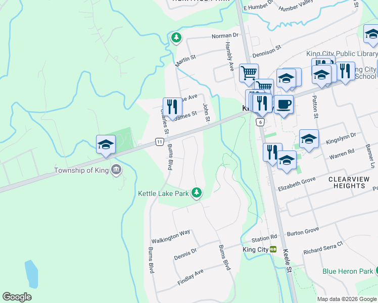 map of restaurants, bars, coffee shops, grocery stores, and more near 45 Robert Berry Crescent in King City