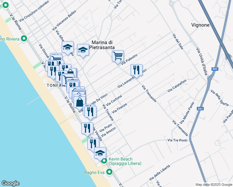 map of restaurants, bars, coffee shops, grocery stores, and more near 12A Via Giotto in Marina di Pietrasanta