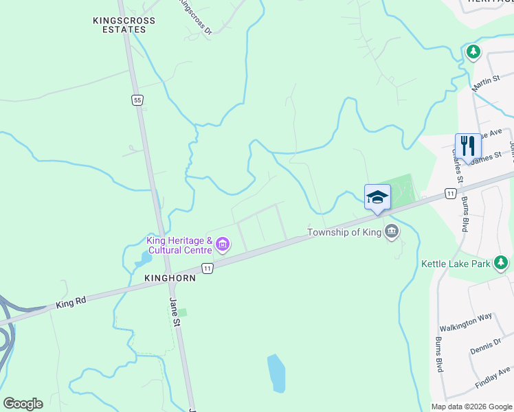 map of restaurants, bars, coffee shops, grocery stores, and more near 32 James Stokes Court in King City