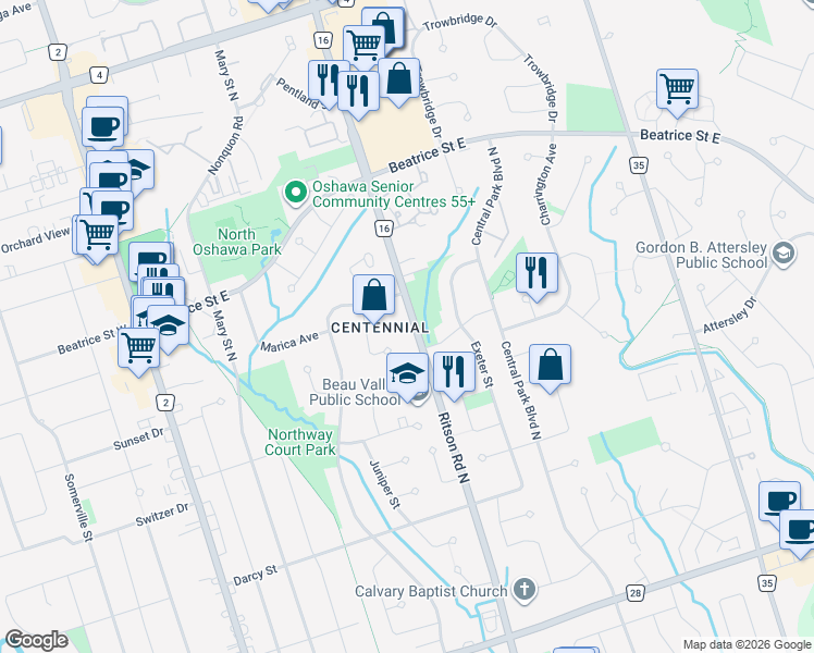 map of restaurants, bars, coffee shops, grocery stores, and more near 1000 Durham Regional Road 16 in Oshawa