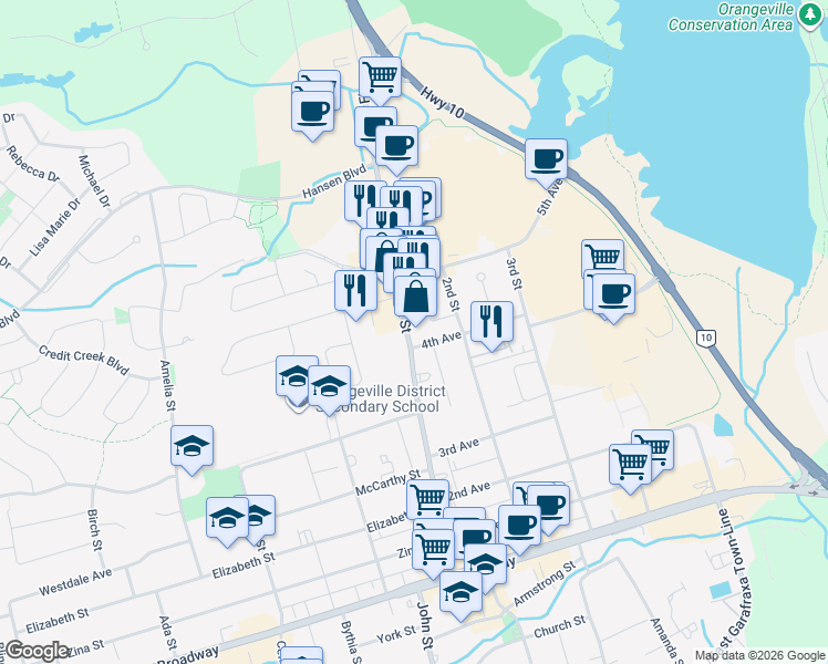 map of restaurants, bars, coffee shops, grocery stores, and more near 65 1st Street in Orangeville