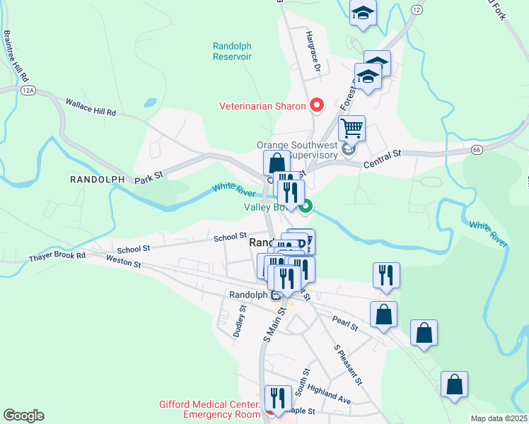 map of restaurants, bars, coffee shops, grocery stores, and more near 102 South Main Street in Randolph