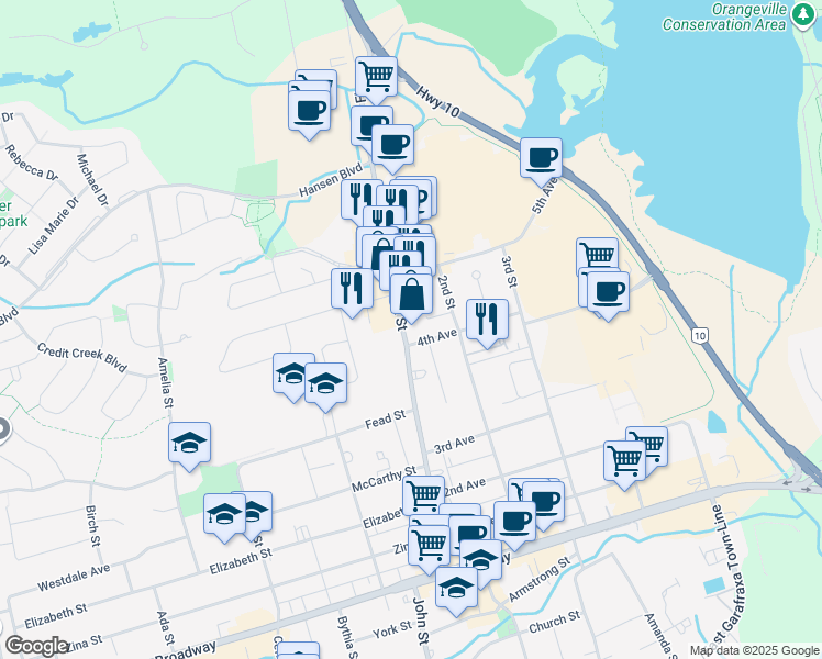 map of restaurants, bars, coffee shops, grocery stores, and more near 65 First Street in Orangeville
