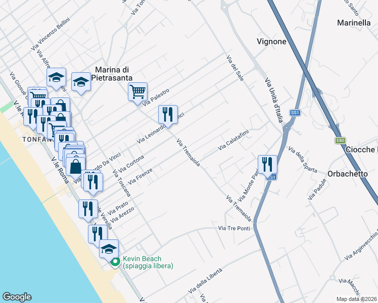map of restaurants, bars, coffee shops, grocery stores, and more near 11 Via Quarto in Marina di Pietrasanta