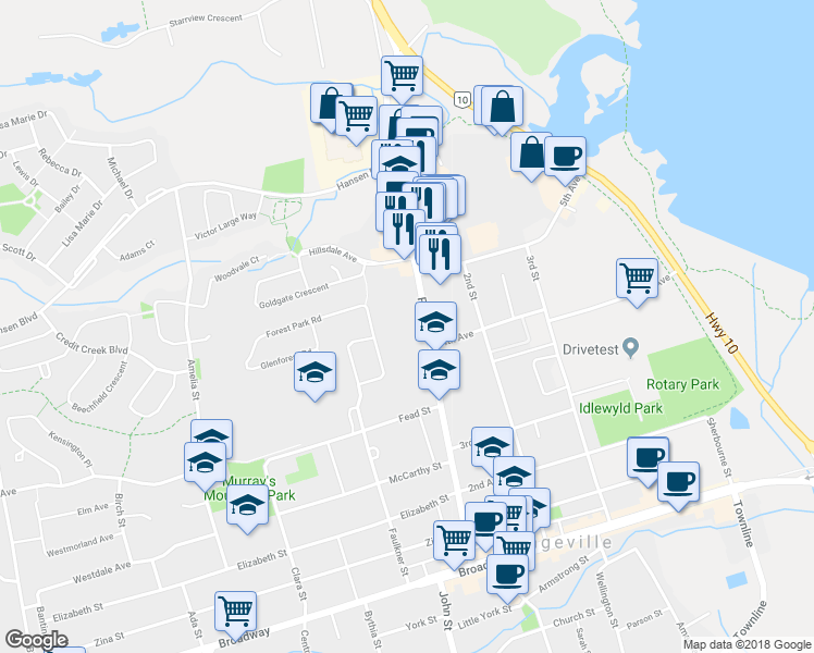 map of restaurants, bars, coffee shops, grocery stores, and more near in Orangeville
