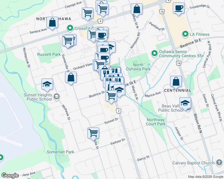 map of restaurants, bars, coffee shops, grocery stores, and more near Simcoe St N & Beatrice St W in Oshawa