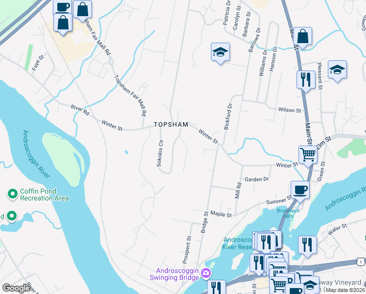 map of restaurants, bars, coffee shops, grocery stores, and more near 5 Abenaki Drive in Topsham