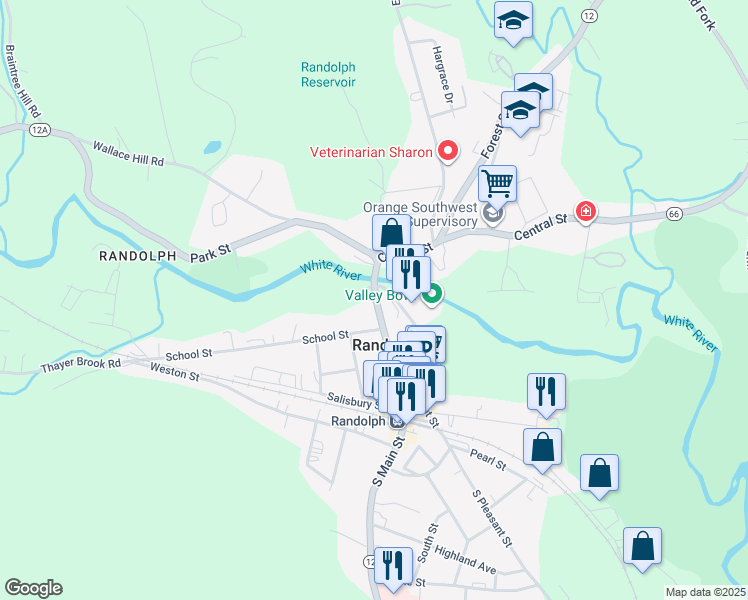 map of restaurants, bars, coffee shops, grocery stores, and more near 1 Prince Street in Randolph