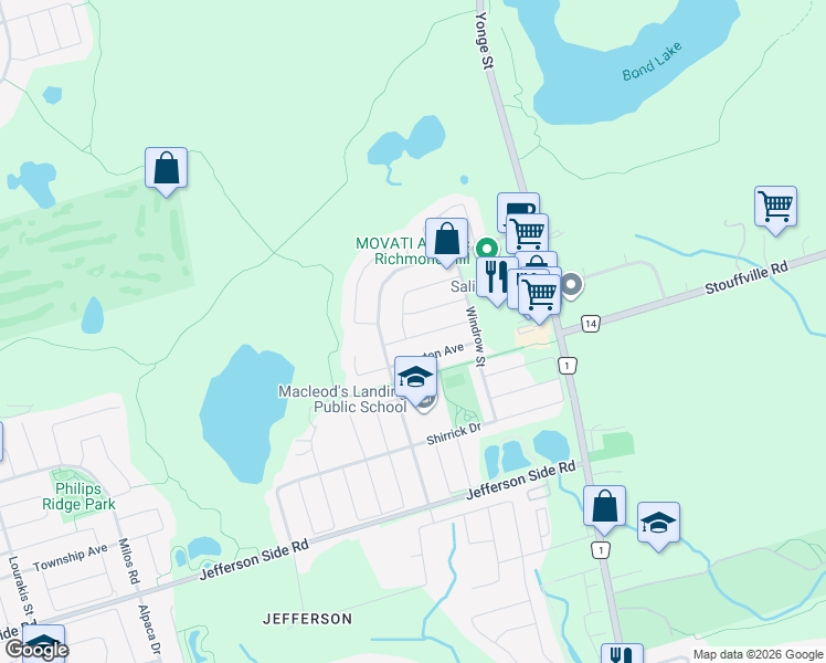 map of restaurants, bars, coffee shops, grocery stores, and more near 20 Brower Avenue in Richmond Hill