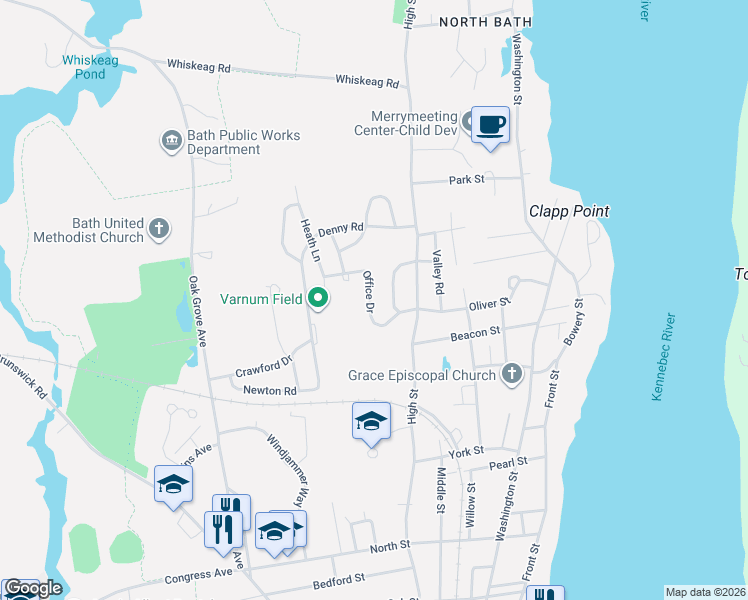 map of restaurants, bars, coffee shops, grocery stores, and more near 25 Office Drive in Bath