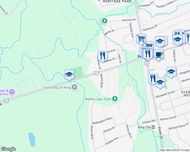 map of restaurants, bars, coffee shops, grocery stores, and more near 80 Burns Boulevard in King City