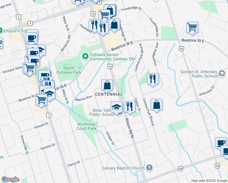 map of restaurants, bars, coffee shops, grocery stores, and more near 1000 Durham Regional Road 16 in Oshawa