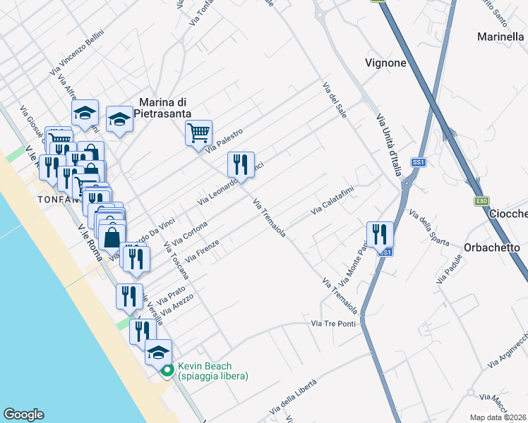map of restaurants, bars, coffee shops, grocery stores, and more near 11 Via Quarto in Marina di Pietrasanta