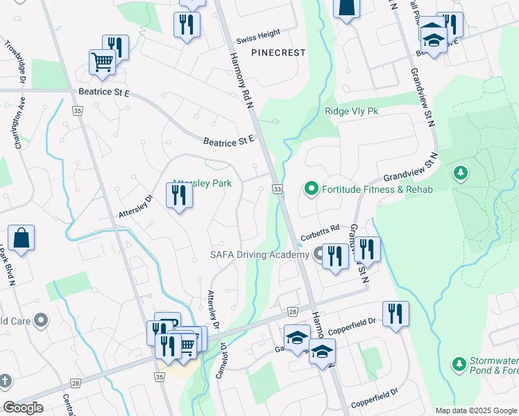 map of restaurants, bars, coffee shops, grocery stores, and more near 797 Bennett Crescent in Oshawa
