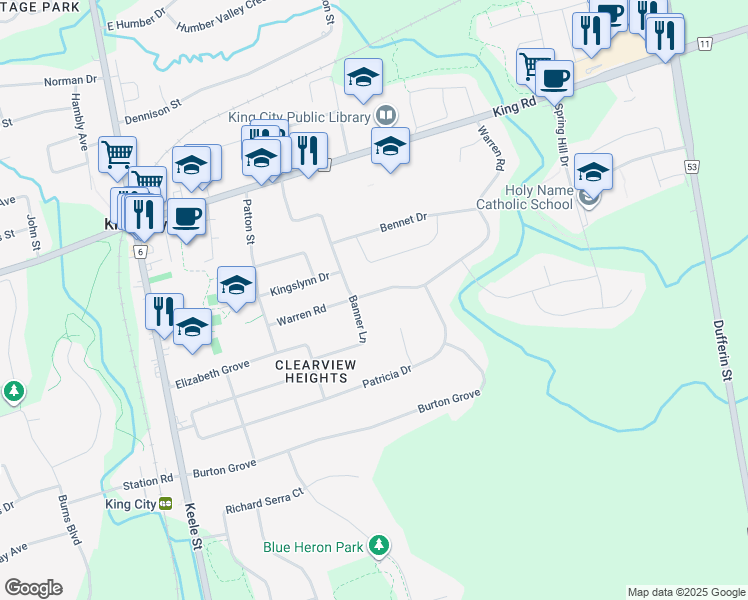 map of restaurants, bars, coffee shops, grocery stores, and more near 250 Warren Road in King City