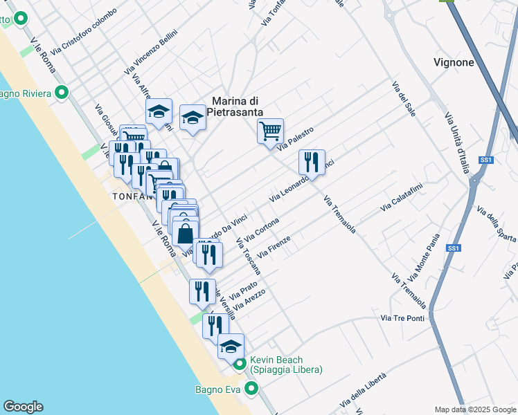 map of restaurants, bars, coffee shops, grocery stores, and more near 12A Via Giotto in Pietrasanta