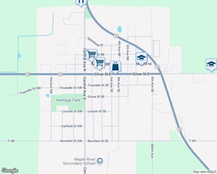 map of restaurants, bars, coffee shops, grocery stores, and more near 205 2nd Avenue Southeast in Mapleton