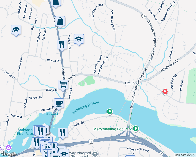 map of restaurants, bars, coffee shops, grocery stores, and more near 29 Elm Street in Topsham