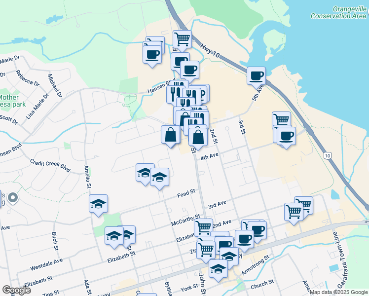 map of restaurants, bars, coffee shops, grocery stores, and more near in Orangeville