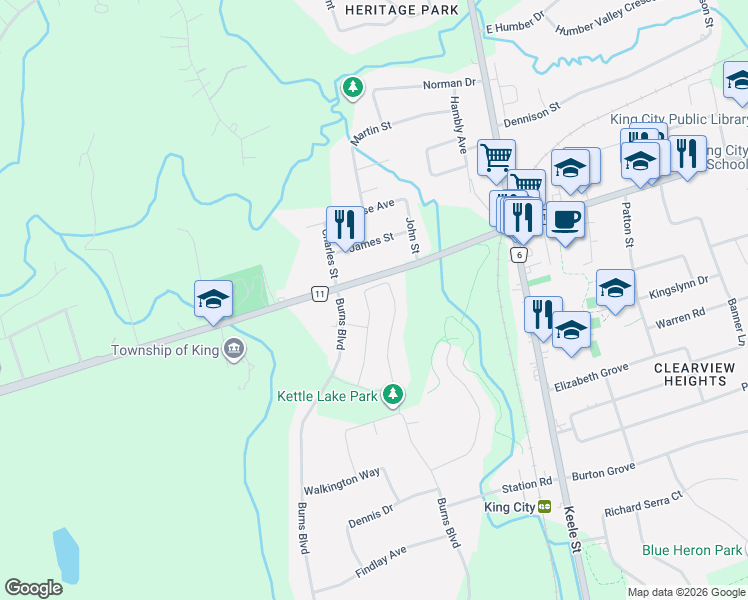 map of restaurants, bars, coffee shops, grocery stores, and more near 55 Robert Berry Crescent in King City