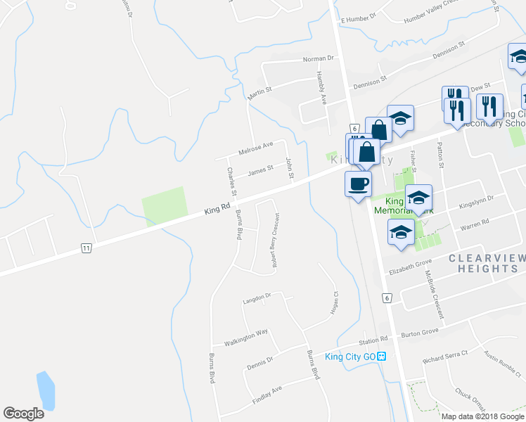 map of restaurants, bars, coffee shops, grocery stores, and more near 55 Robert Berry Crescent in King City