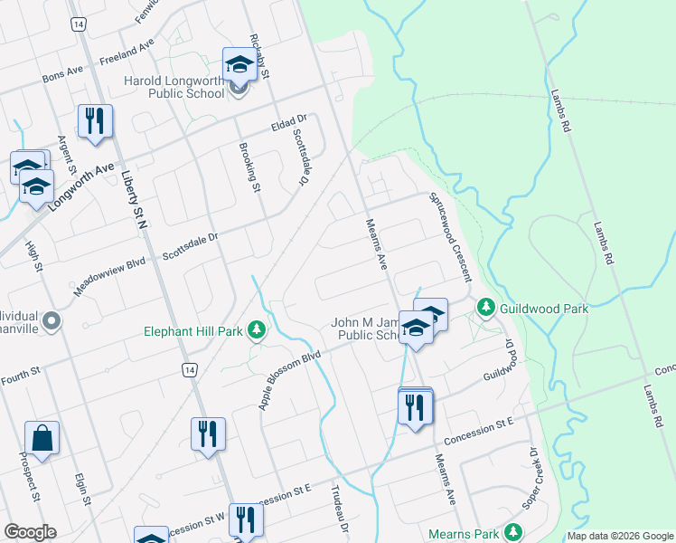 map of restaurants, bars, coffee shops, grocery stores, and more near 219 Lyle Drive in Clarington