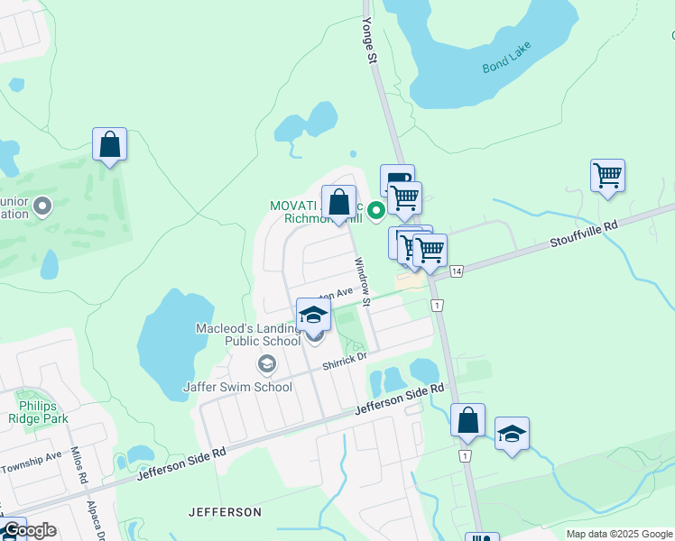 map of restaurants, bars, coffee shops, grocery stores, and more near 44 Brower Avenue in Richmond Hill