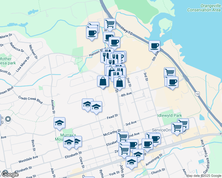map of restaurants, bars, coffee shops, grocery stores, and more near in Orangeville