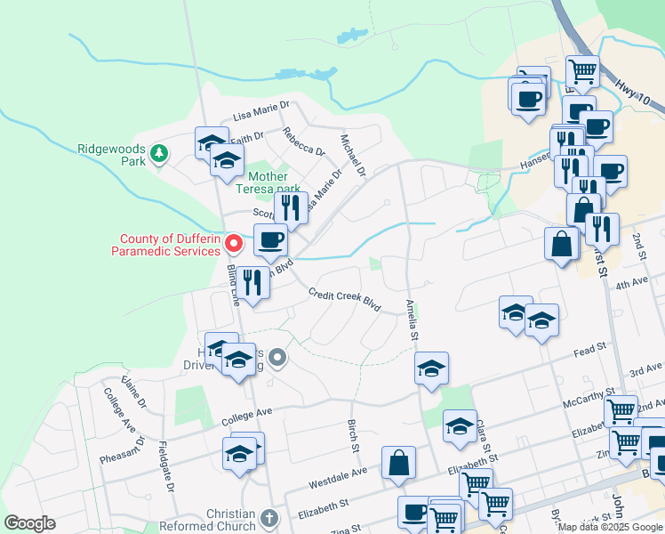 map of restaurants, bars, coffee shops, grocery stores, and more near 231 Oakwood Crescent in Orangeville