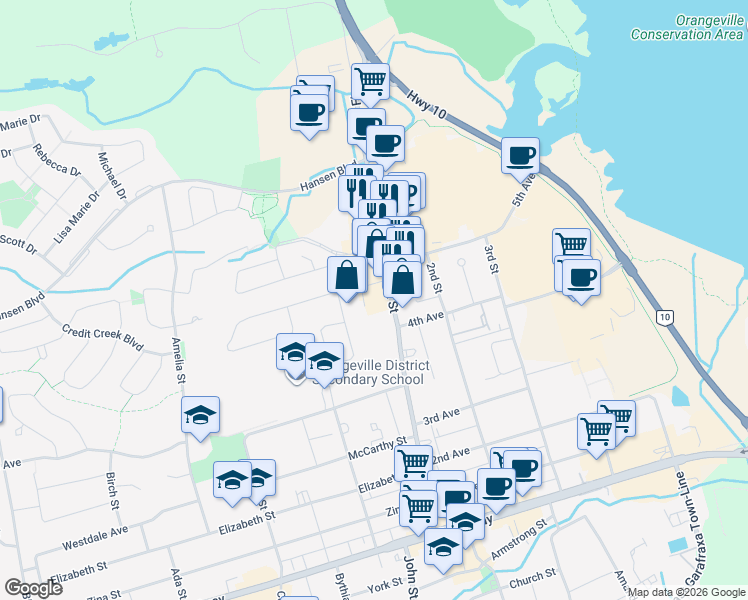 map of restaurants, bars, coffee shops, grocery stores, and more near 72 First Street in Orangeville