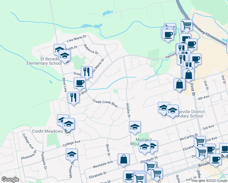 map of restaurants, bars, coffee shops, grocery stores, and more near 231 Oakwood Crescent in Orangeville