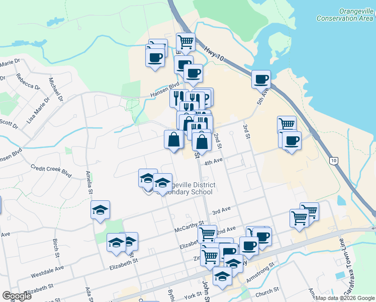 map of restaurants, bars, coffee shops, grocery stores, and more near 72 First Street in Orangeville