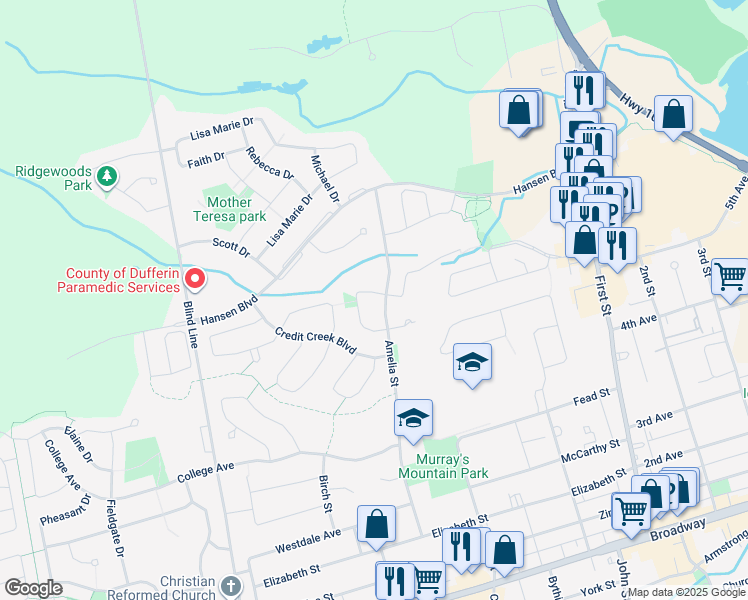 map of restaurants, bars, coffee shops, grocery stores, and more near 240 Walsh Crescent in Orangeville