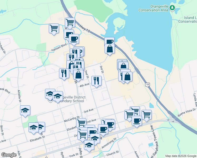 map of restaurants, bars, coffee shops, grocery stores, and more near 38 4th Avenue in Orangeville