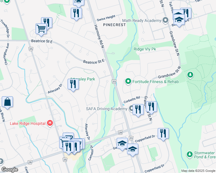 map of restaurants, bars, coffee shops, grocery stores, and more near 827 Bennett Court in Oshawa