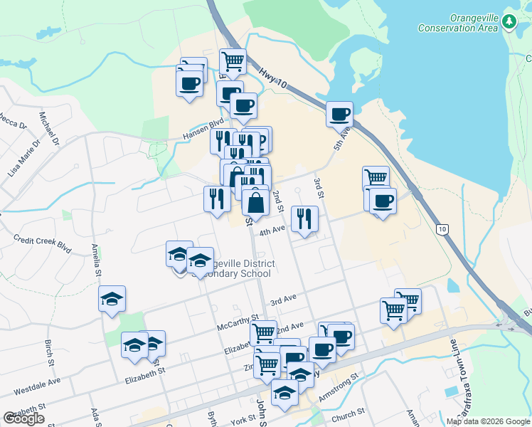 map of restaurants, bars, coffee shops, grocery stores, and more near 84 2nd Street in Orangeville