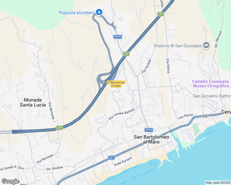 map of restaurants, bars, coffee shops, grocery stores, and more near 15 Piazza Sant'Anna in San Bartolomeo al Mare