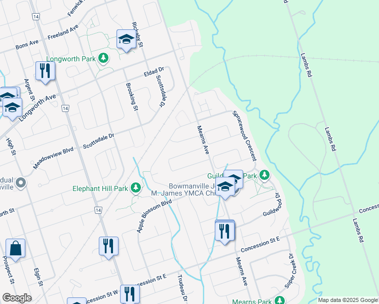 map of restaurants, bars, coffee shops, grocery stores, and more near Lyle Drive in Bowmanville
