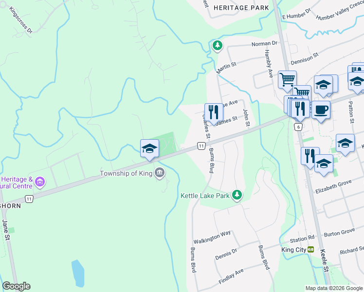 map of restaurants, bars, coffee shops, grocery stores, and more near 2530 King Road in King