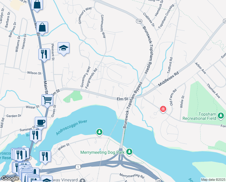 map of restaurants, bars, coffee shops, grocery stores, and more near Fair Circle in Topsham