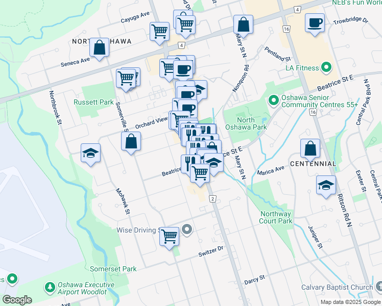 map of restaurants, bars, coffee shops, grocery stores, and more near in Oshawa