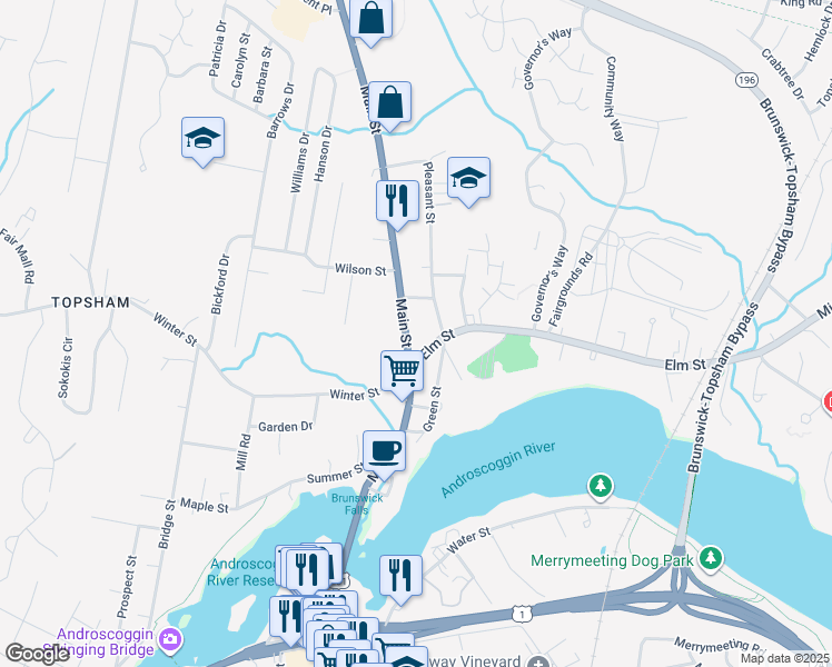 map of restaurants, bars, coffee shops, grocery stores, and more near 5 Elm Street in Topsham