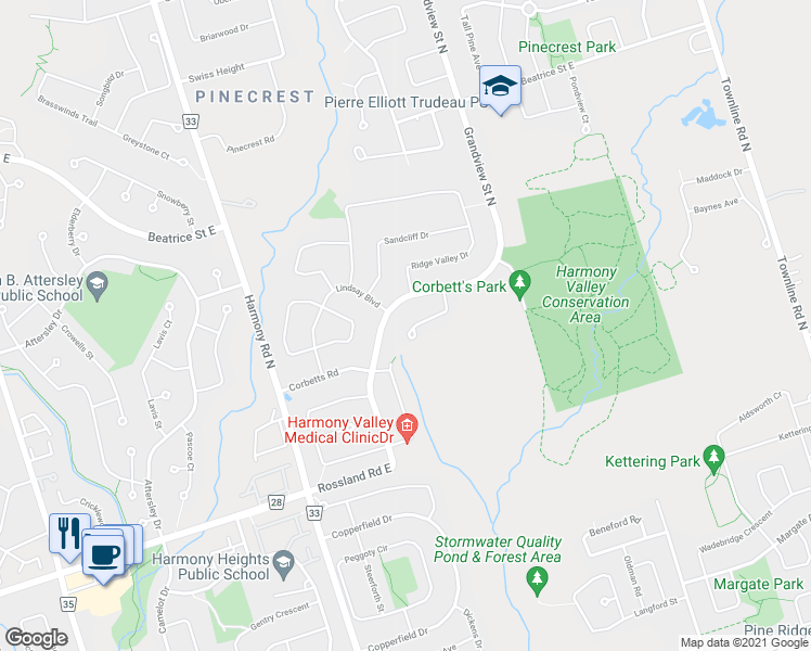 map of restaurants, bars, coffee shops, grocery stores, and more near 984 Grandlea Court in Oshawa