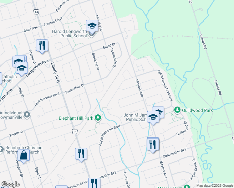 map of restaurants, bars, coffee shops, grocery stores, and more near 97 Elephant Hill Drive in Clarington
