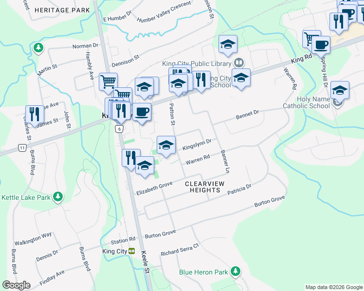 map of restaurants, bars, coffee shops, grocery stores, and more near 142 Kingslynn Drive in King City
