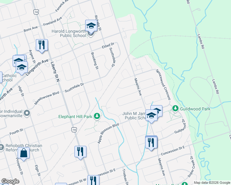 map of restaurants, bars, coffee shops, grocery stores, and more near 97 Elephant Hill Drive in Clarington