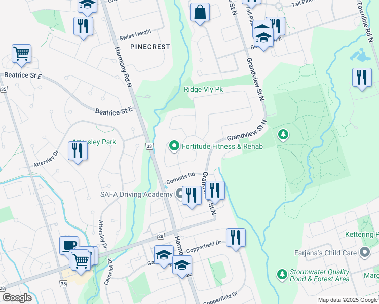 map of restaurants, bars, coffee shops, grocery stores, and more near 877 Lindsay Boulevard in Oshawa